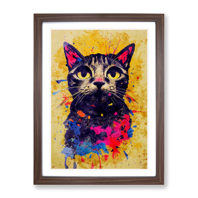 Catt Paint Splash No.1 - Wall Art, 36cm H x 27cm W x 2cm D, Walnut Framed, White