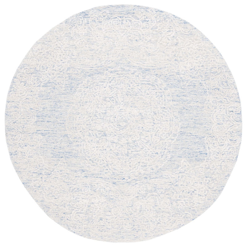 Tapis bleu / ivoire en soie / coton touffeté à la main Batha, Rond 6 pi