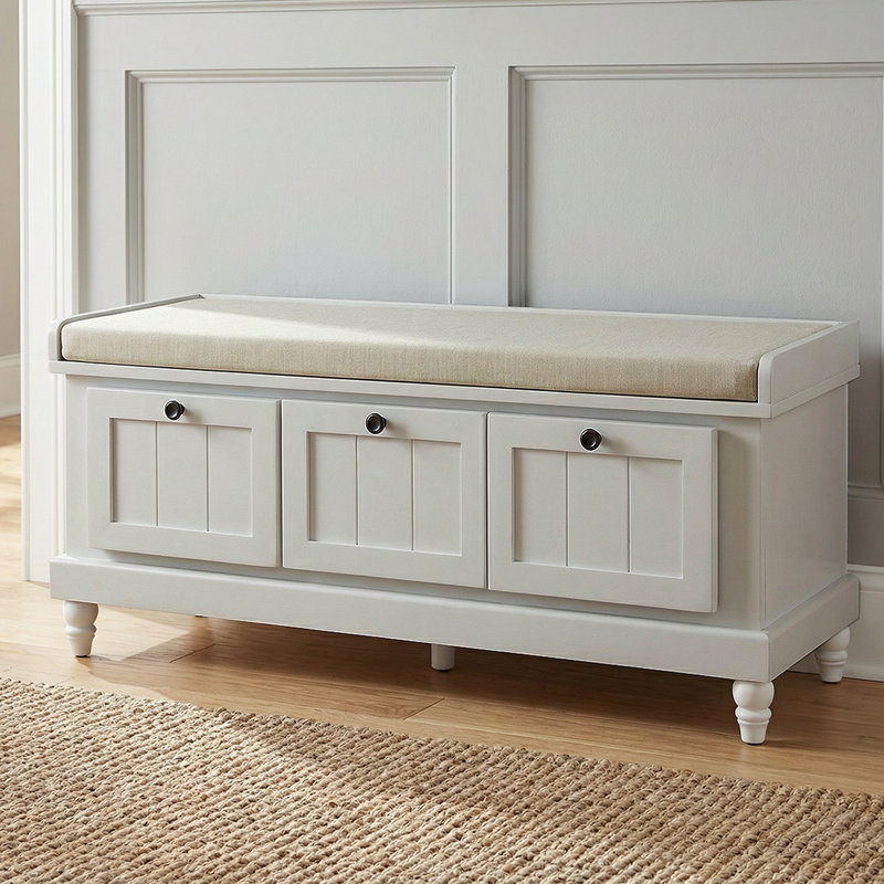 Rustic Shoe Storage Bench With Cushioned Seat - 3 Drawers & Hidden Storage For Home Organization, Gray