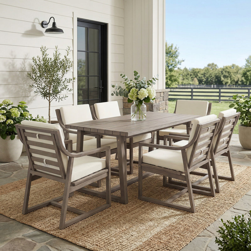 7-Piece Outdoor Acacia Wood Patio Dining Set with 70.1" Rectangular Table and Cushions, Brown