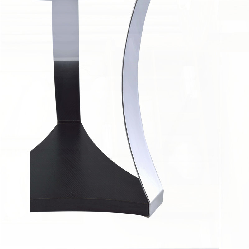 Table de bout ronde en verre noir avec base en chrome et tablette en bois