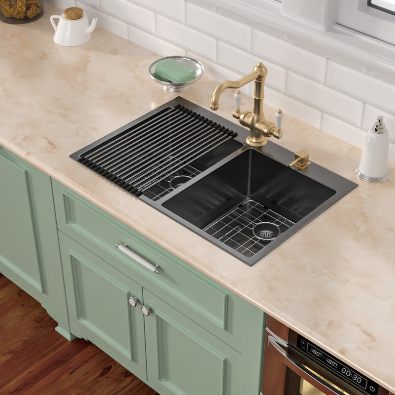 33" L x 22" W Drop-In Double Bowl Stainless Steel Kitchen Sink with One Faucet Hole, Gunmetal Black