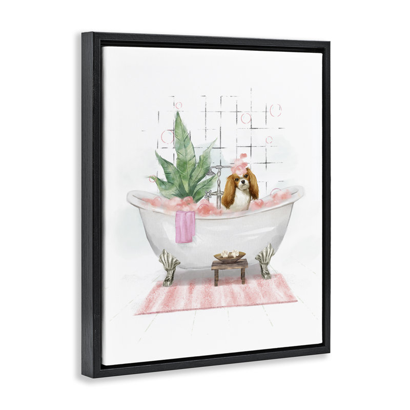 «Puppy in Bathaign», art mural encadré flottant par Ziwei Li, H 21 po x l 17 po, Noir, noir, noir, noir