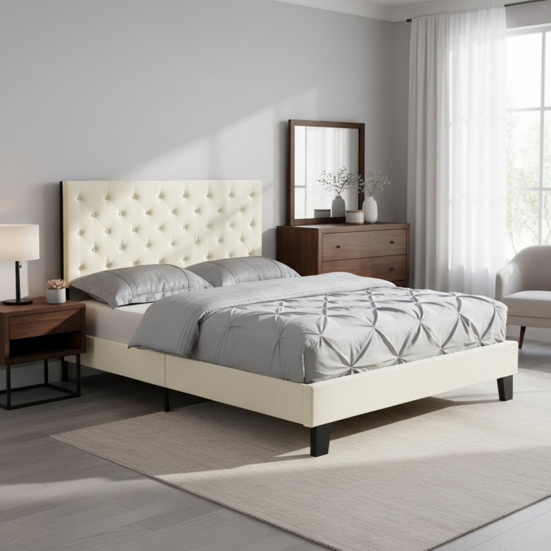Daisy-Rae Upholstered Slat Bed, Beige, King