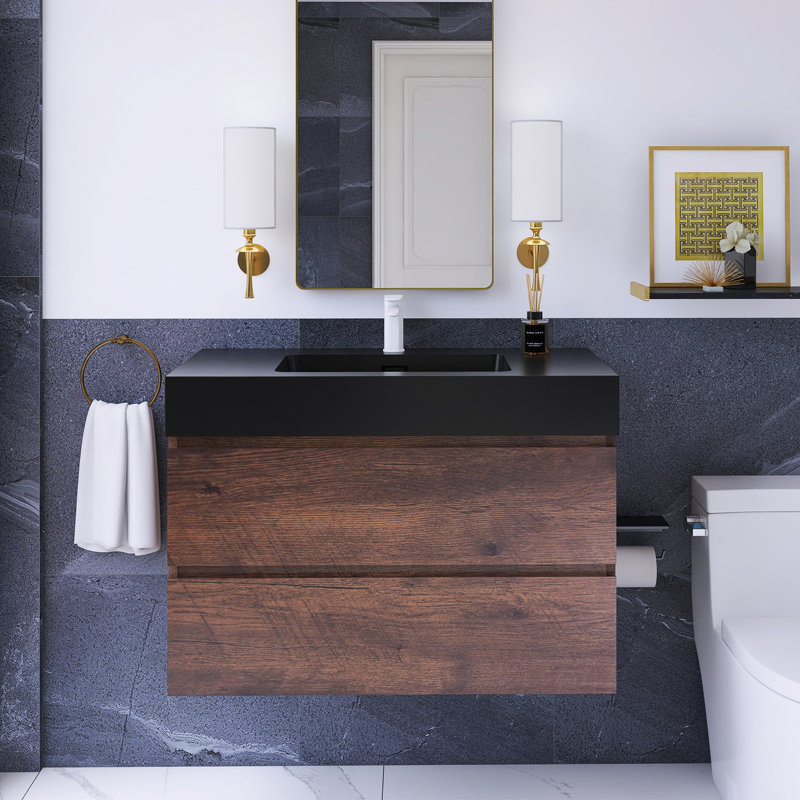 36 po W Meuble-lavabo mural simple avec lavabo noir, Noyer