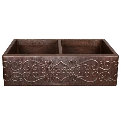 33"" Hammered Copper Apron Front 50/50 Double Basin Kitchen Sink w/ Scroll Design -  Premier Copper Products, KA50DB33229S