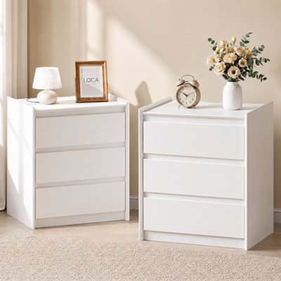 Modern Minimalist Nightstand with 3 Drawers & Hidden Charging Station, White Set of 2
