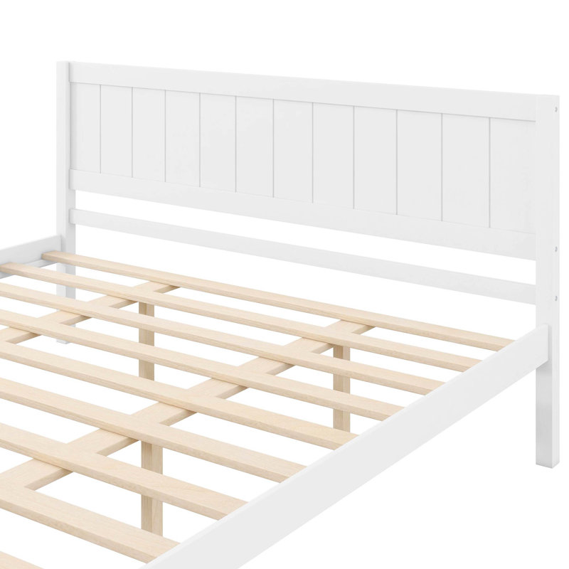 Très grand lit plateforme avec tête de lit et support à lattes de bois, sans sommier tapissier, blanc, Blanc