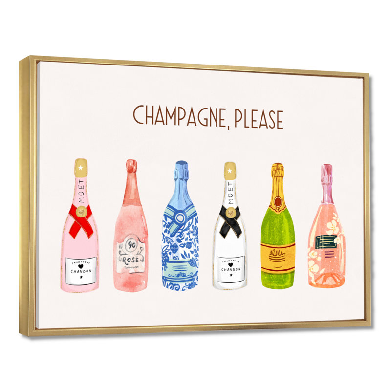 Champagne, veuillez Happy Hour - Champagne, art mural, H 24 po x l 32 po, Cadre flottant doré
