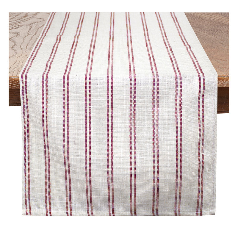 Beige-white Modern Striped Linen Blend Table Runner, 54" x 16", Burgundy/White