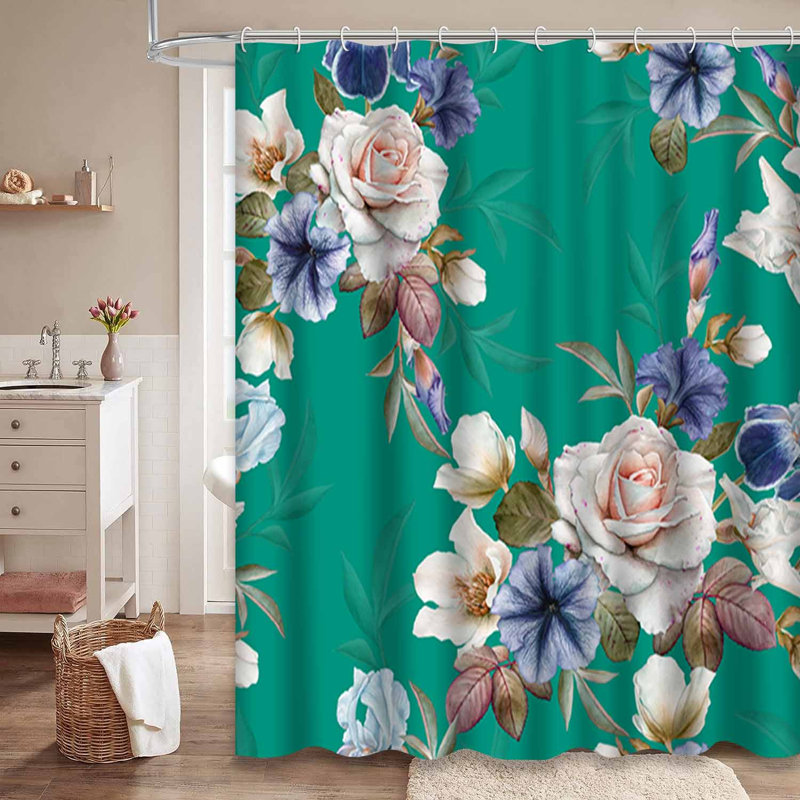 Floral Hellebore Roses Teal Shower Curtain with 12 Hooks, 72" L x 72" W