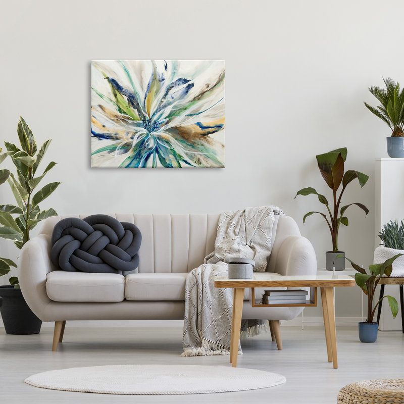 Large Abstract Botanical Petals Canvas Wall Art in Green and Blue