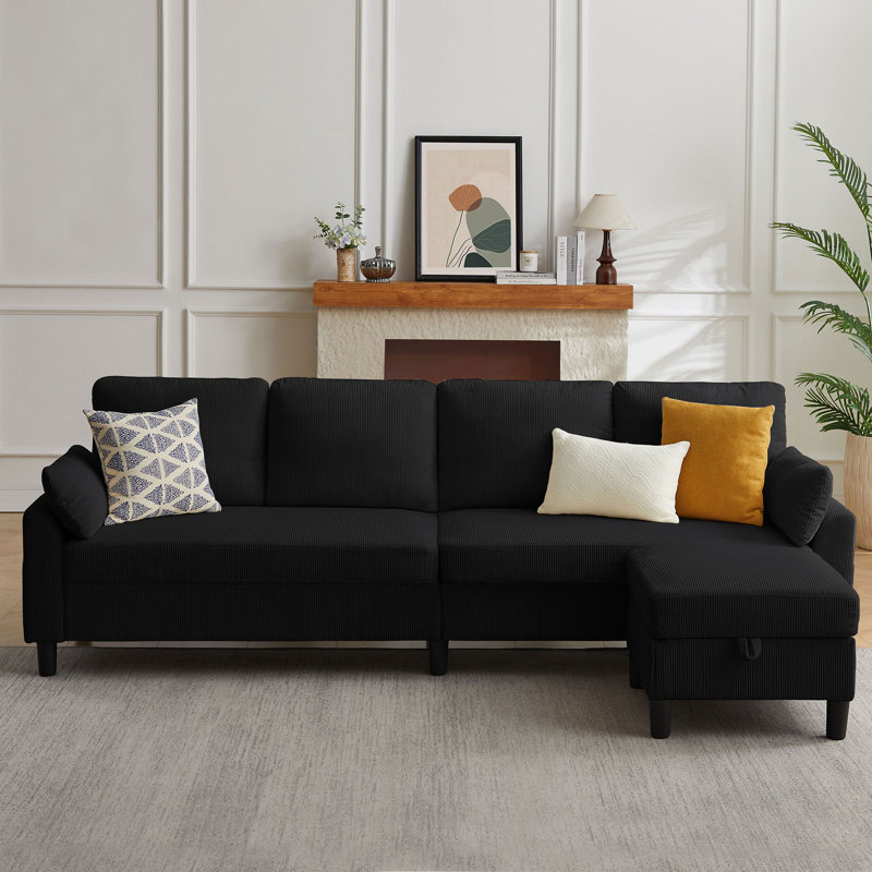 101'' Corduroy Upholstered Sectional Sofa With Storage Ottoman, Black Corduroy