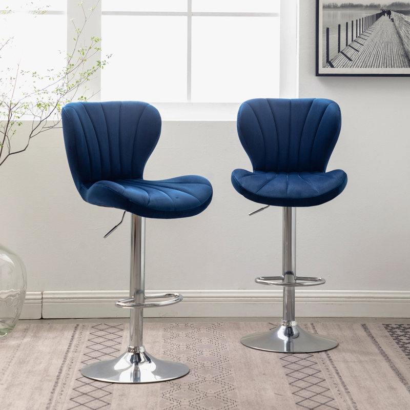 Ellston Upholstered Adjustable Swivel Barstools, Set Of 2, Blue