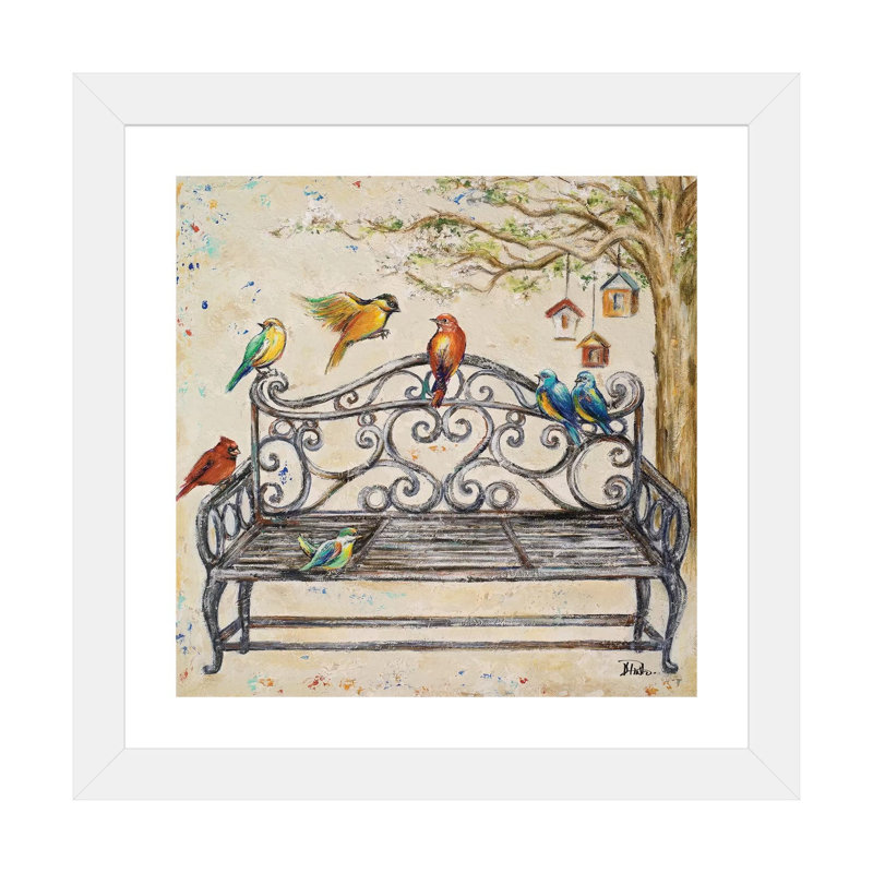 "Birds on the Bench" par Patricia Pinto, impression, Blanc, H 24 po x l 24 po x p 1 po, Papier encadré blanc