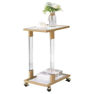 Sofa Table, Glass Top C Shape Square Table With Metal Base