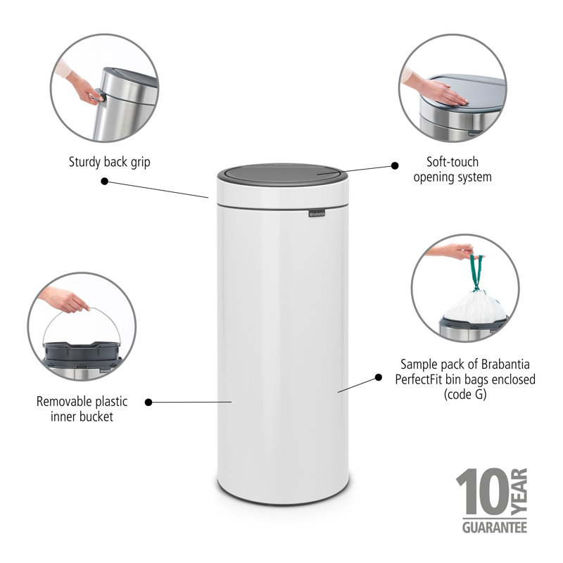 Brabantia 30 Litre Touch Bin, White