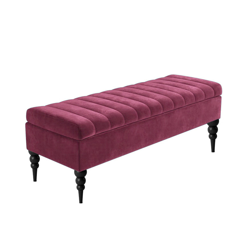Sierra Striped Upholstered Ottoman Storage Bench - Naples Shoe Bench Footstool with Storage & Turned Wooden Legs, Purple 