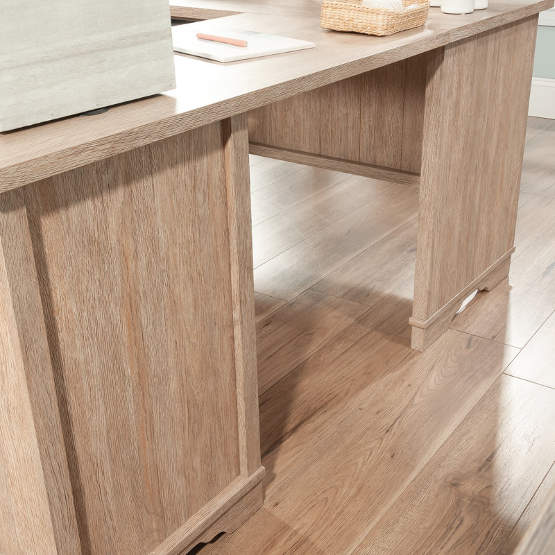 Brushed Oak L-Shaped Executive Desk with Drawers and Keyboard Tray