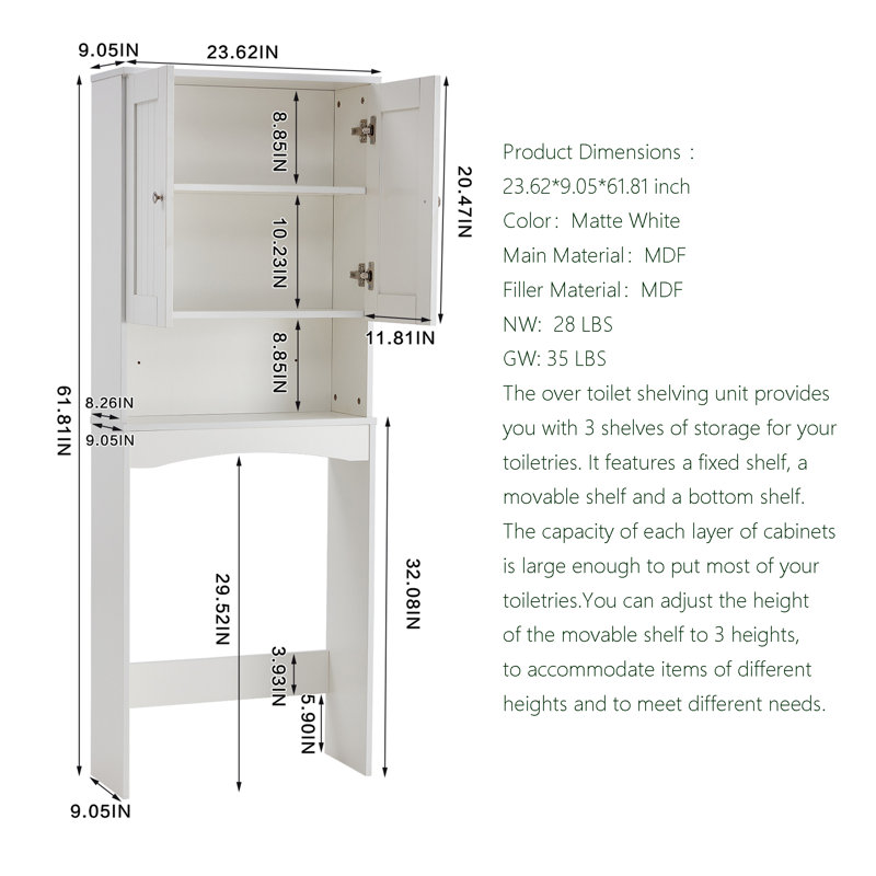 Armoire de rangement au-dessus de la toilette avec 3 tablettes réglables et 2 portes, pour la salle de bain (61,71 x 23,62 x 9,05 pouces, blanc mat)
