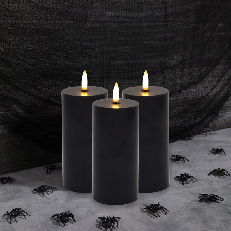 Battery Operated 3D Wick Pillar Candles - 3 Count, Black