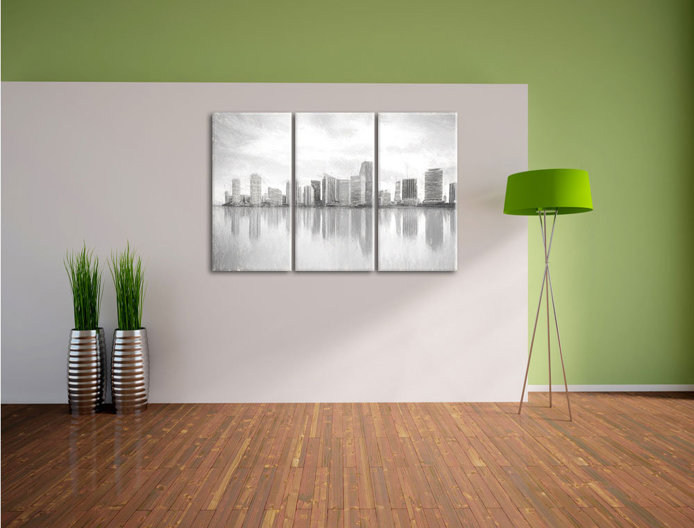 3-tlg. Leinwandbild-Set „Miami Florida Skyline bei Sonnenuntergang“, Kunstdruck