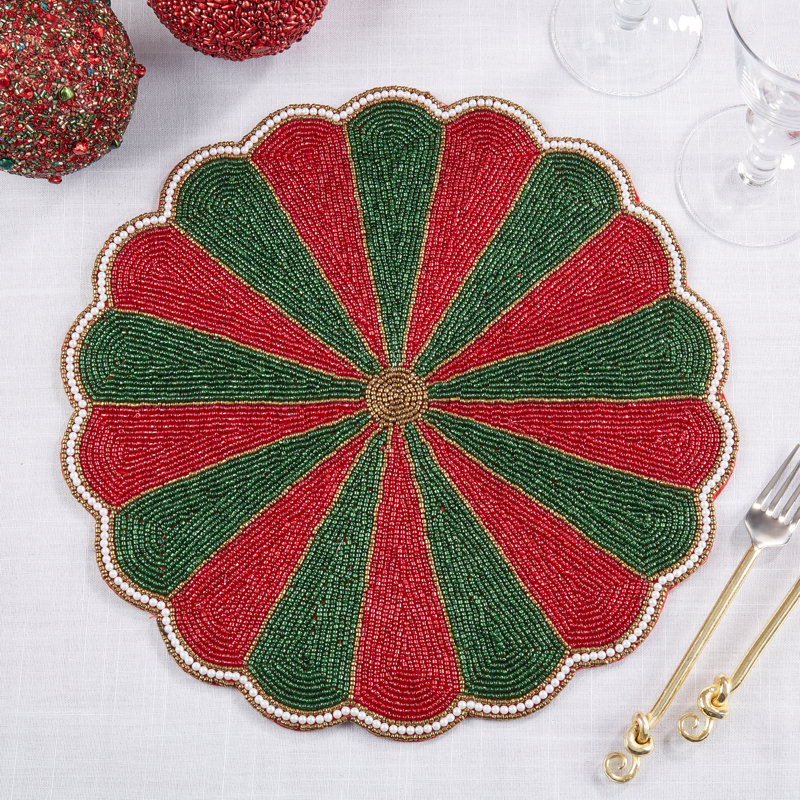 4-Pieces Round Polyester Placemats, Red/Green