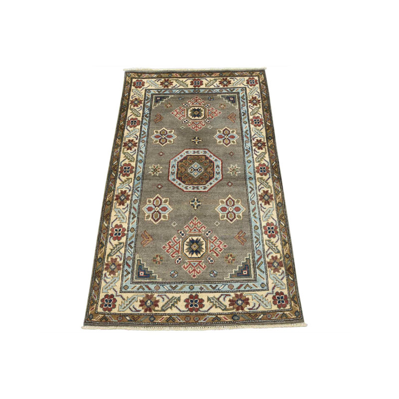 Tapis oriental tribal en laine gris noué à la main 2 pi 11 po x 4 pi Kazak Kazak