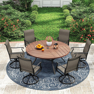 Ensemble repas d'extérieur pour patio - table ronde 53 po avec trou pour parasol + 6 chaises pivotantes