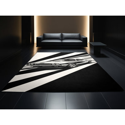 Machine Washable Daleville Classic American Muscle Car Retro Geometric Rug in Grey – Black Binding