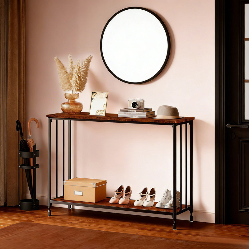 Console Table, Sofa Tables Narrow Entryway Table with Glass Shelf and Metal Frame, Brown