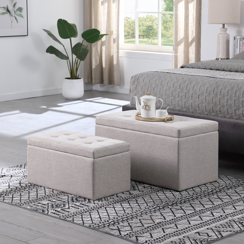 Space-saving Tufted Ottomans Set, Fabric With Storage For Living Room