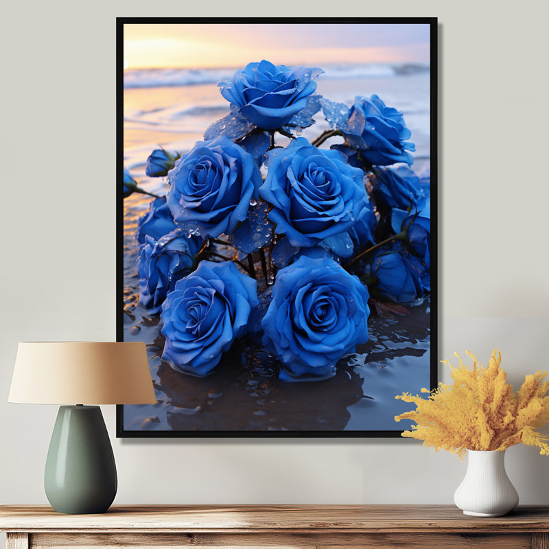 Roses bleues sur la plage - Roses, art mural, H 32 po x l 16 po x P 1 po, Toile avec cadre flottant noir