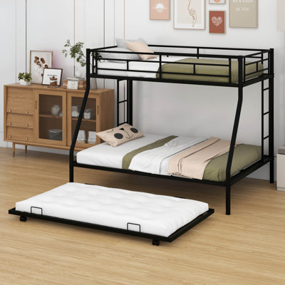 Lit superposé simple au-dessus d'un lit double en métal robuste avec lit gigogne, garde-corps et 2 échelles