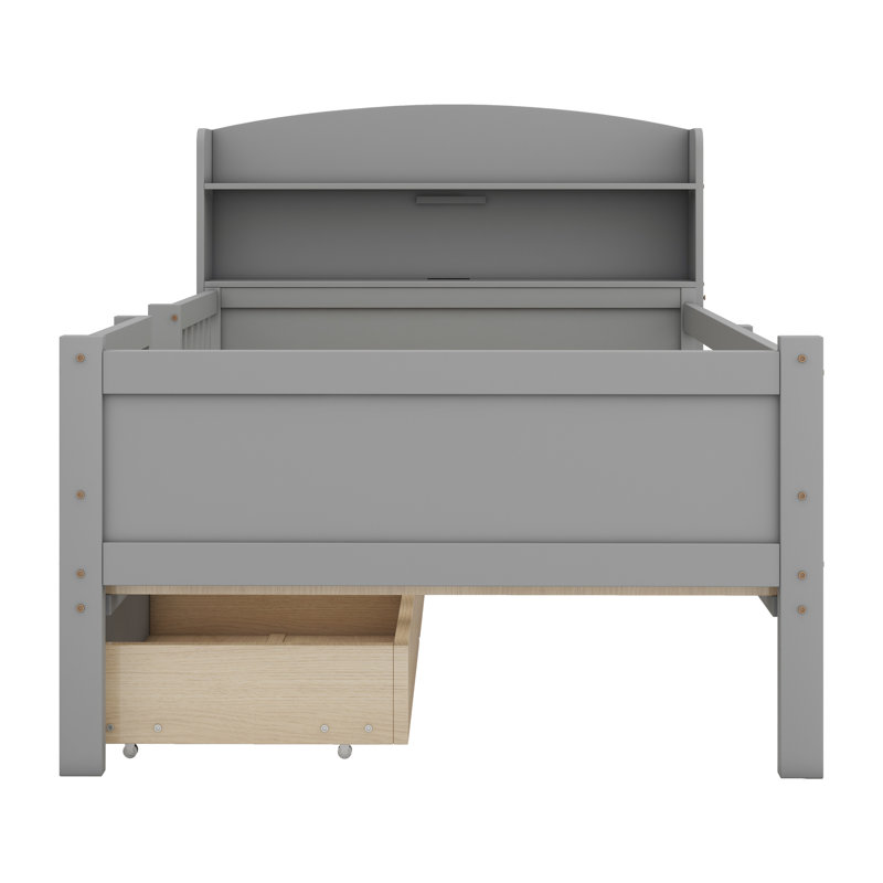Lit plateforme en bois avec éclairage à DEL intégré, tête de lit multifonctionnelle, garde-corps et 2 tiroirs, Gris