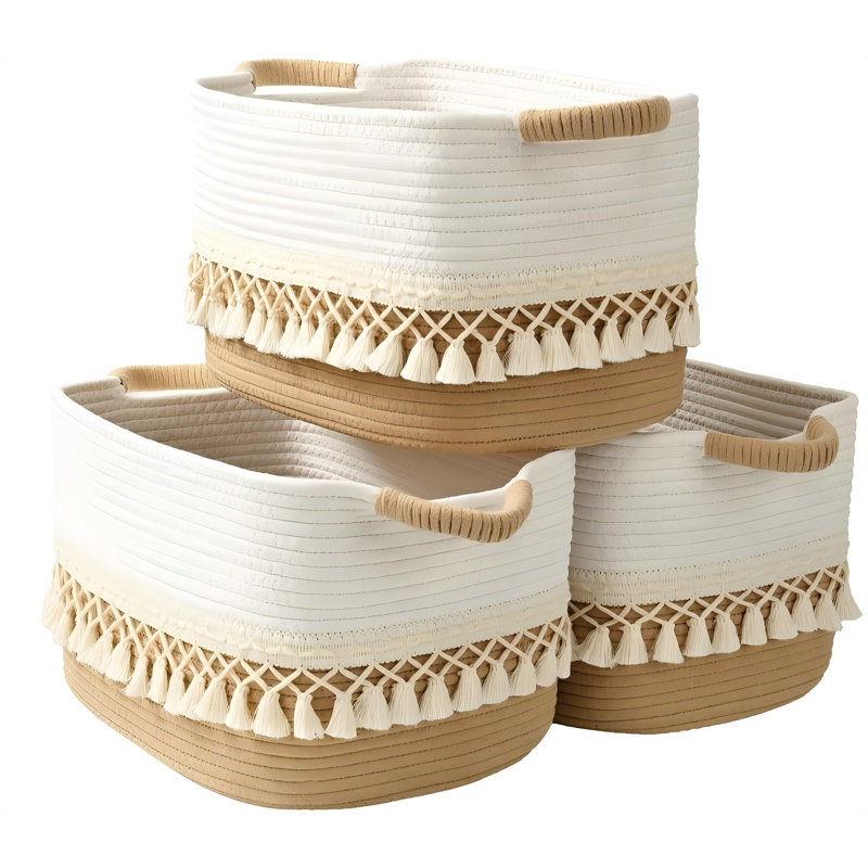 3 Pack Storage Basket For Shelves, Boho Cotton Rope Storage Bins With Heavy Tassel, Shelf Baskets Large Woven Baskets For Organizing, Cube Organizer Bins, Baby Laundry Basket For Clothes, Toys