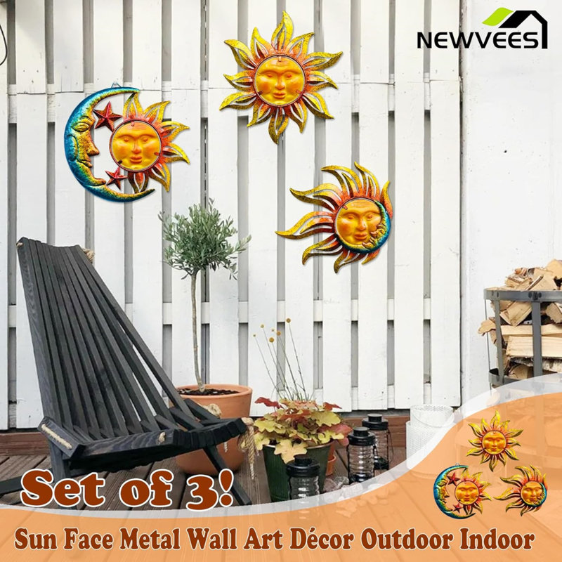 Sun Face Metal Wall Art Décor 3 Pack – Sun Moon Star Hanging For Indoor Outdoor