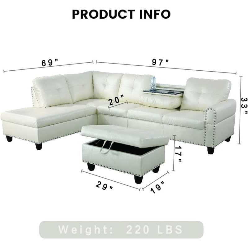 Canapé modulaire en cuir synthétique 3 pièces, Simili cuir blanc