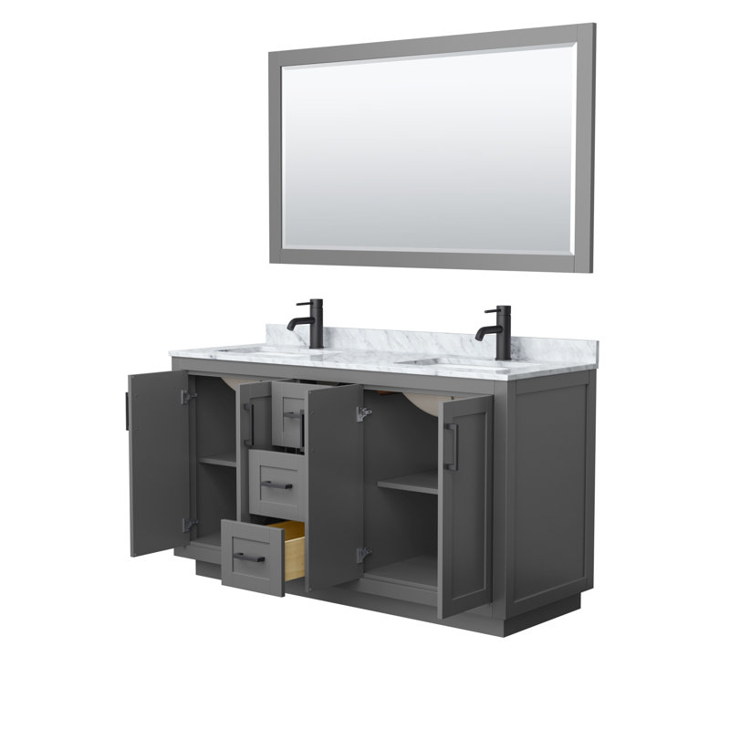 Miranda 60" Freestanding Double Bathroom Vanity with Marble Top with 58" Mirror, Matte Black, Dark Gray