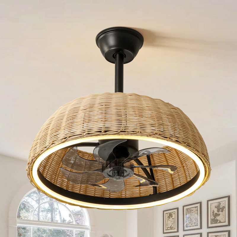 Ventilateur de plafond 21 po en rotin avec lumière DEL et télécommande inclus