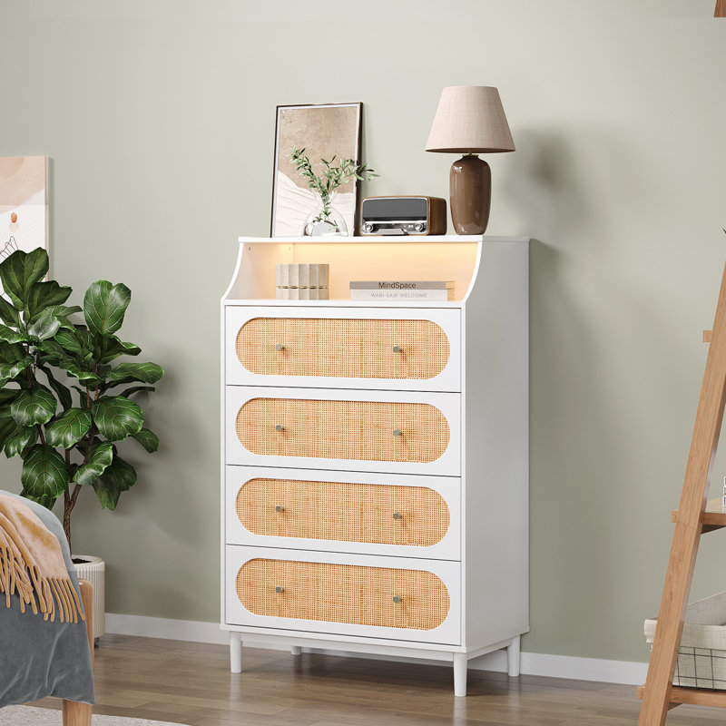 Oak-Color Embossed P2 15MM Particleboard With Melamine Rattan Front Four-Drawer Cabinet With RGB Lights, White
