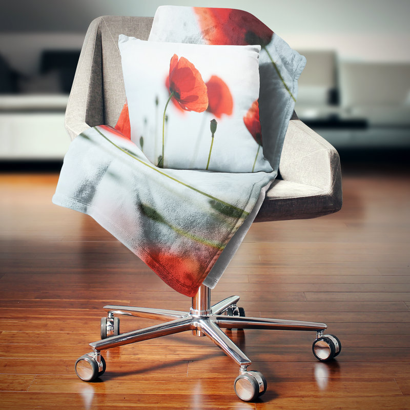 Coquelicots sur fond de mer - coussin à imprimé floral, 18 po x 18 po, Coussin décoratif
