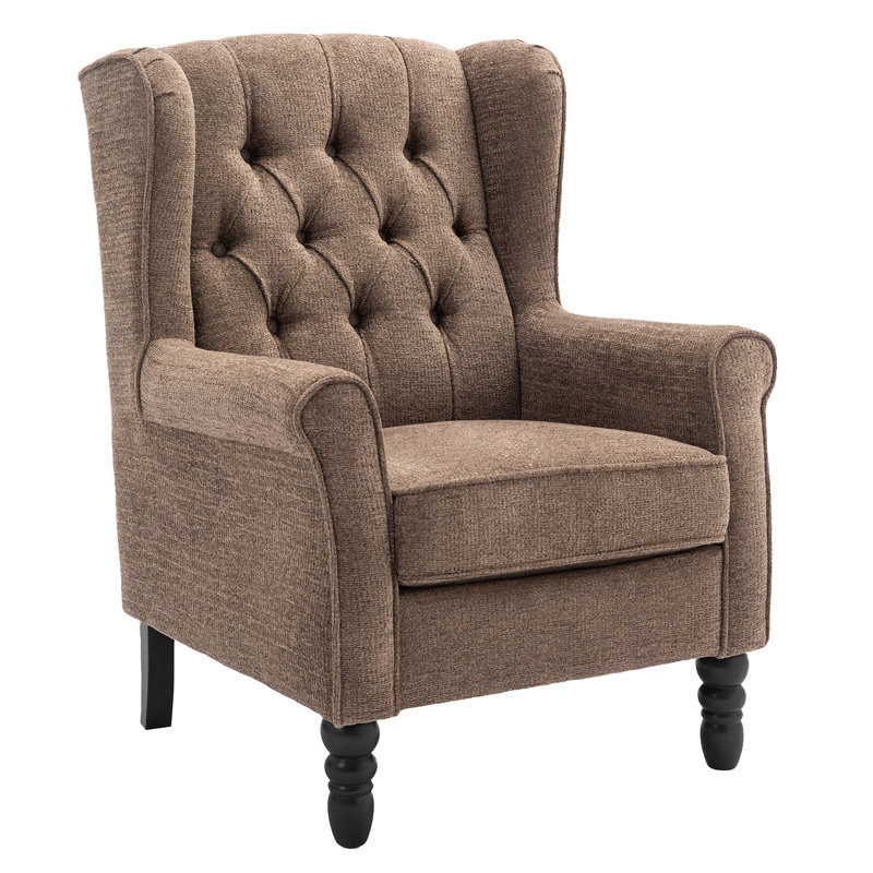 Button-Tufted Wingback Accent Chair - Solid Wood Legs with Rolled Arm &Thick Padded Cushion, Brown Polyester, Brown