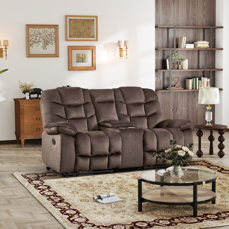 78.35'' Wide Modern Microfiber Manual Reclining Loveseat With Storage Console & Cup Holders, Brown