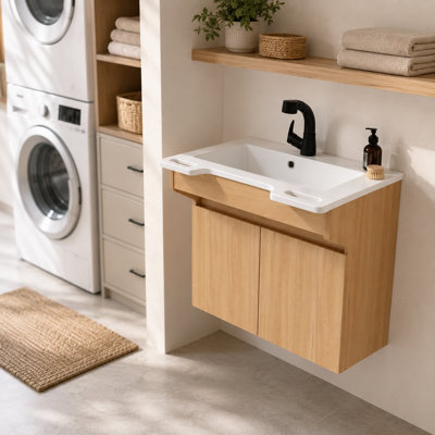 24" Compact Floating Wall-Mounted Single Bathroom Vanity with Integrated Resin Sink and Soft-Close Doors