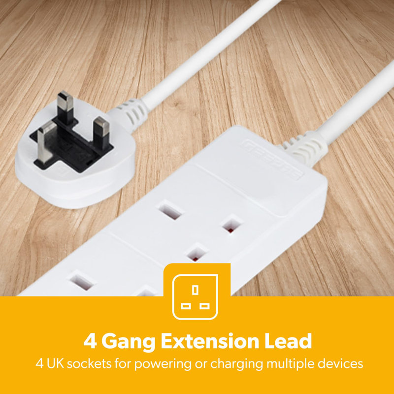 GEEPAS 4 Gang Extension Lead, 1M Cable | 4-Way Plug Extension Cable, 13A | Wall Mountable & Multi Socket Mains Strip for Home Bedroom Office | Heavy Duty UK Plug | White, Pack of 2