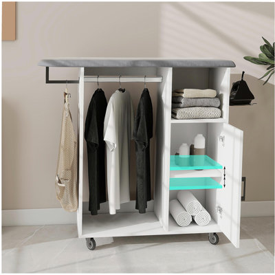 Ironing Cart with Rolling Ironing Board, Multipurpose Ironing Cabinet with Wheels, Compact Ironing Solution for Laundry Room, Bedroom,Cloakroom-White