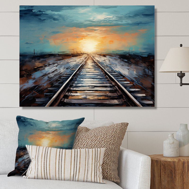 Peach Train Track Serene Railways - Transportation Wall Art Prints, H 12 po x l 20 po x P 1 po, Toile tendue