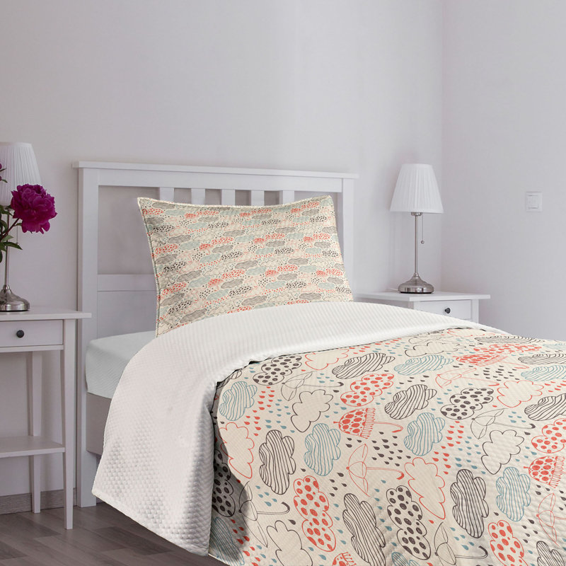 White and Multicolor Quilted Twin Bedspread Set with Pillow Sham