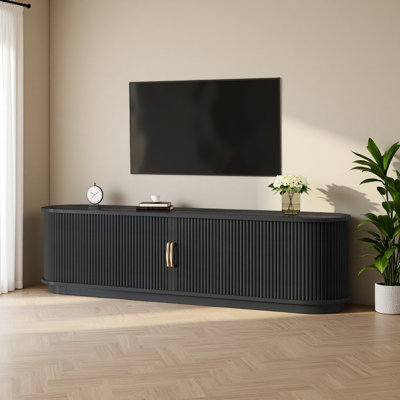 Meuble télé vintage rétro avec portes coulissantes en bois à lattes pour téléviseur de 75 po ou moins, meuble télé avec tiroir
